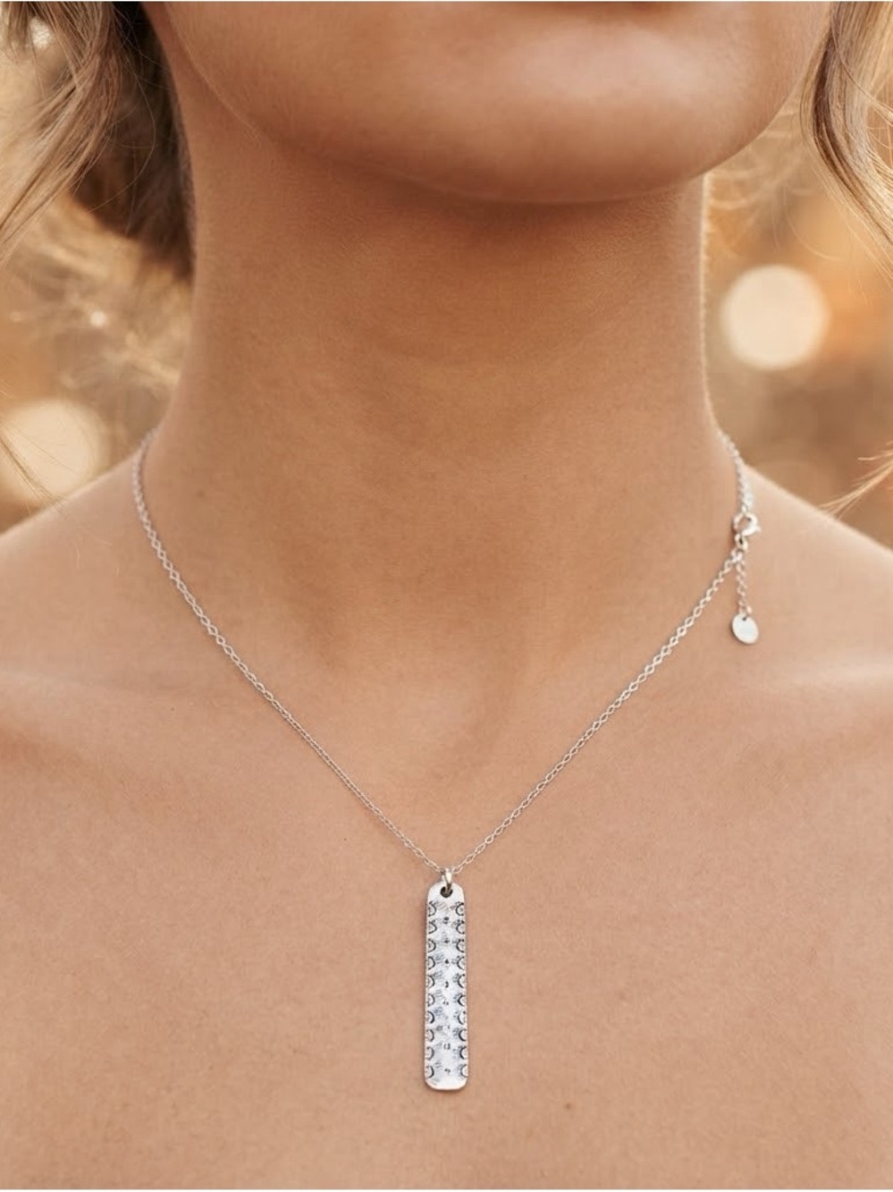 NWT Justin Boots Silver Bar Pendant Necklace Sunburst Stamped Long Chain